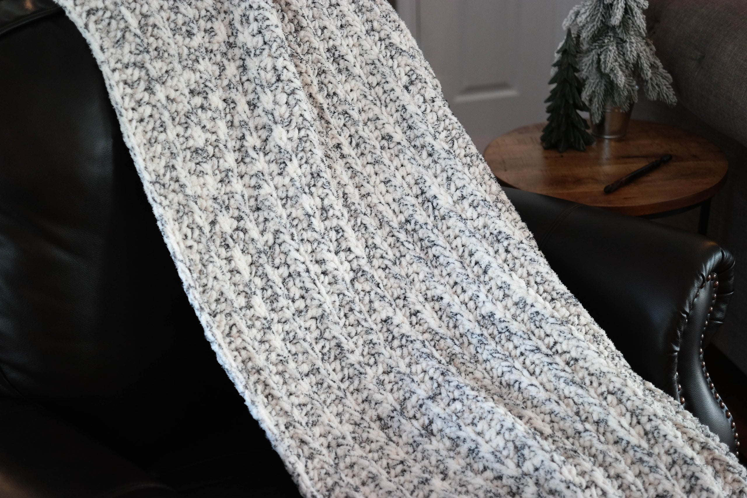 Handmade Farmhouse Chenille Gray and White Throw Blanket